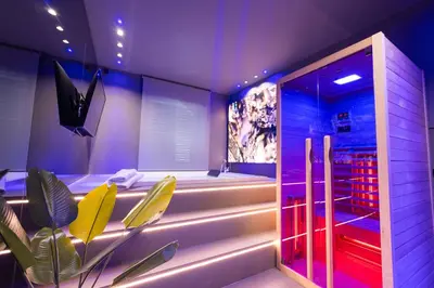 a room with a sauna with a plant in the foreground at Platinum Suite&Spa in Palermo