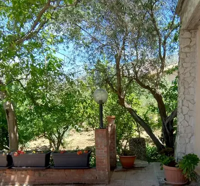 a street light in a courtyard with trees and plants at Home SG jato in San Giuseppe Jato