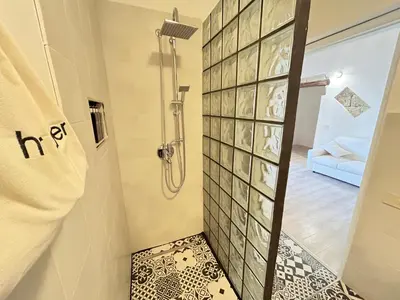 a bathroom with a shower and a tile wall at Palazzo Crisafulli 1- casa Liberty con vasca esterna in Palermo