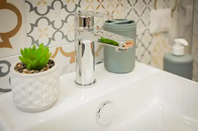 a bathroom sink with a faucet and a plant at Scalini holiday in Castellammare del Golfo