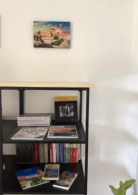 a book shelf with books and a picture on the wall at Casa iusu - Home with patio near the sea and Palermo in Casteldaccia