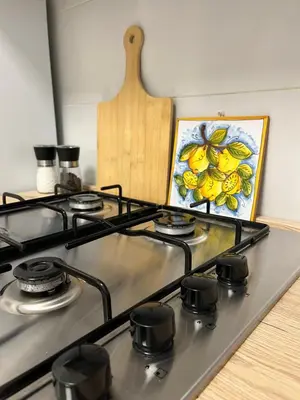 a stove top in a kitchen with a painting on the wall at Nela Appartament in Bagheria