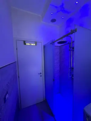 a bathroom with a shower with a white door at Karma House in Palermo