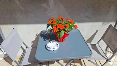 a blue table with a vase of flowers on it at Casa cannella in Palermo