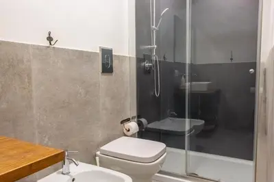 a bathroom with a shower and a toilet and a sink at Resuttano Loft in Palermo