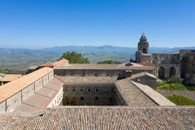 a view from the roof of a building with a tower at Abbazia Santa Maria del Bosco in Contessa Entellina