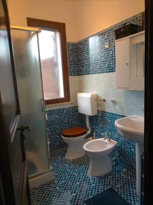 a blue tiled bathroom with a toilet and a sink at Menzel el Emir in Misilmeri