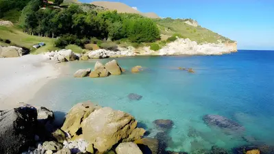a beach with rocks in the water and trees at Casa delle Stelle in Scopello