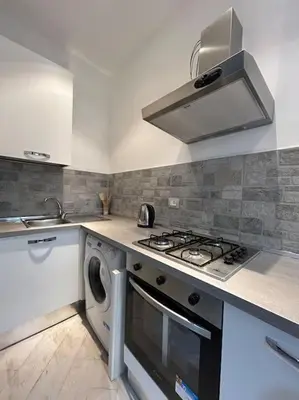a kitchen with a stove and a washing machine at Alfa & Omega apartments in Palermo