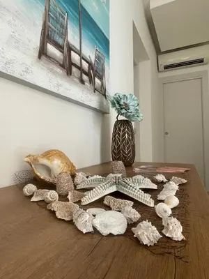 a table with shells and a vase on it at Olea in Castelluzzo