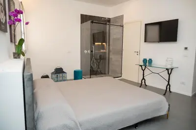 a bedroom with a bed and a shower at Casa Degli Aragonesi in Palermo
