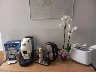 a kitchen counter with a coffee maker and a flower at Residenza del Massimo in Palermo