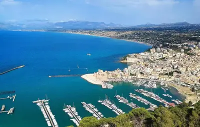 an aerial view of a harbor with boats in the water at Amazing Home In Castellammare Del Golf in Castellammare del Golfo