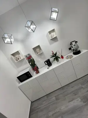 a white counter with potted plants and lights on a wall at Marisol in Palermo