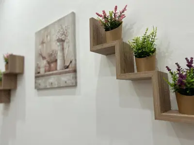 two wooden shelves with potted plants on a wall at Home Love in Palermo
