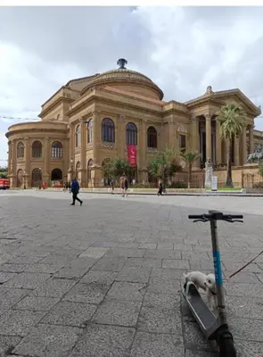a dog laying on a skateboard in front of a building at Pietro Fudduni Apartment in Palermo