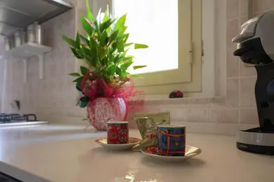 two cups on a kitchen counter with a vase at Dolce Sicily a 2km dal centro in Palermo