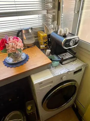 a kitchen counter with a washing machine and a vase of flowers at Casina Della Strega in Palermo