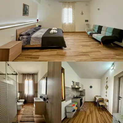 two images of a bedroom and a living room at Casa Sole eventi, Wi-Fi, fronte Mare con piscina in Alcamo