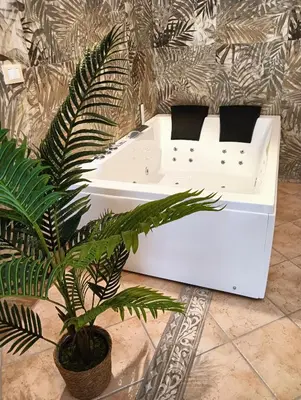a white bath tub sitting next to a wall with a plant at Dojo idro rooms in Carini