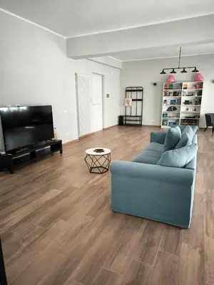 a living room with a blue couch and a television at Selenite Home in Palermo