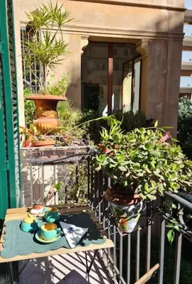 a table with potted plants on a balcony at Casa e Putia Apartment in Palermo