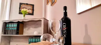 a bottle of wine and two glasses on a table at Casa Grazia in Palermo
