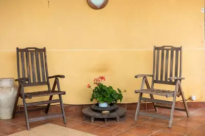 two chairs and a table with a potted plant at Villa Carmen in Mandra Capreria