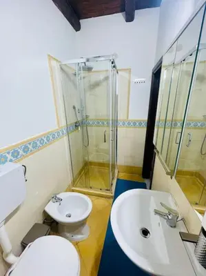 a bathroom with a shower and a toilet and a sink at Biscottari's home in Palermo