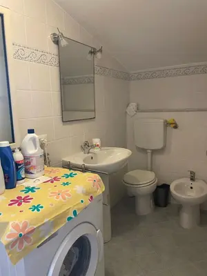 a bathroom with a toilet and a sink and a washing machine at Villetta 200mt mare e piscina in Campofelice di Roccella