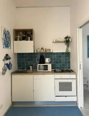 a kitchen with a stove and a microwave at Coralìa in San Vito lo Capo