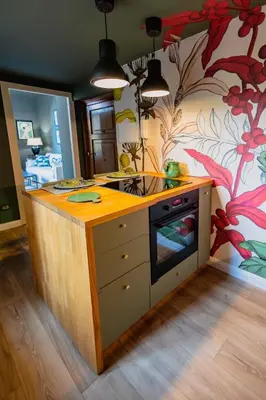 a kitchen with a counter with a stove top oven at Green Luxury Apartment in Palermo