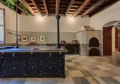 an island in a kitchen with a stove at Palazzo Mazzarino in Palermo