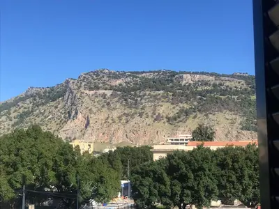 a mountain in the background with trees and buildings at Elegante Appartamento Palermo in Palermo