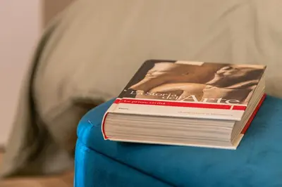 a book sitting on top of a blue couch at Politeama Luxury Suite in Palermo