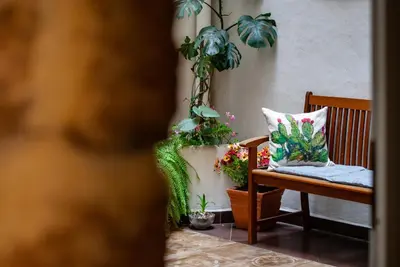 a bench and potted plants in a room at Palazzo Carella in Palermo