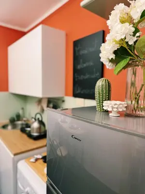 a kitchen with a refrigerator and a vase of flowers at Quattru Passi in Palermo