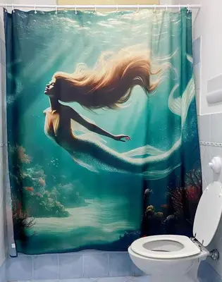 a mermaid shower curtain in a bathroom with a toilet at Mermaid Space Capsule Hostel Palermo in Palermo