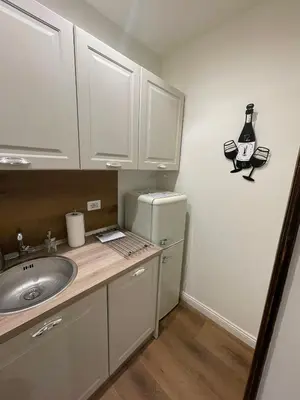 a small kitchen with a sink and a refrigerator at Soldano luxury apartment in Palermo