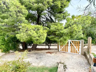 a white gate in a yard with trees at Villa Sao Scopello Punta Pispisa in Scopello