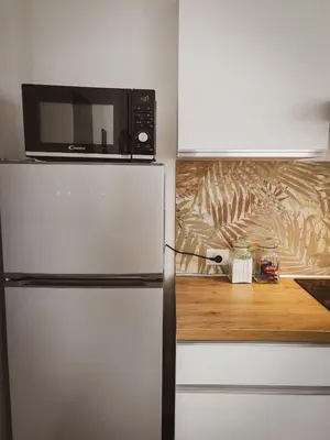 a microwave sitting on top of a refrigerator in a kitchen at Casa Nicuzza alla Zisa in Palermo