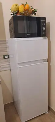 a microwave on top of a refrigerator with a bowl of fruit at Perla del Mare in Trappeto