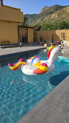 a pool with a unicorn inflatable raft in a swimming pool at Villa Orlando in Trabia