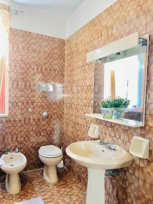 a bathroom with a sink and a toilet and a mirror at Michelle Holiday House in Castellammare del Golfo