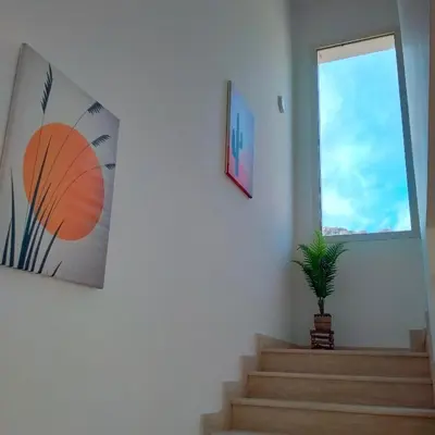 a staircase with a potted plant and a window at Villa Saint George in Scopello