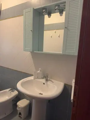 a bathroom with a sink and a toilet and a mirror at Villetta giardino, piscina, mare in Campofelice di Roccella