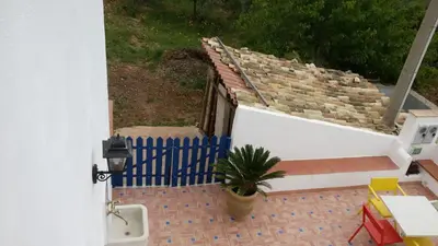 a house with a blue fence and a potted plant at B&B Raggio Verde in Castelluzzo