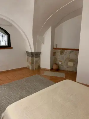 a room with a bed and a stone fireplace at Vucciria Holiday - Centro storico - via Emanuele in Palermo