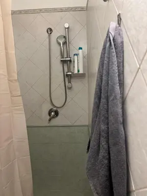 a bathroom with a shower with a gray towel at Casamori 1-centro storico Palermo in Palermo