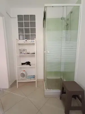 a bathroom with a glass shower and a stool at Trip Rooms 2 in Palermo